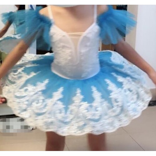 Girls children modern dance ballet dresses  blue with white pancake skirt professional competition ballerina stage performance tutu skirt dresses
